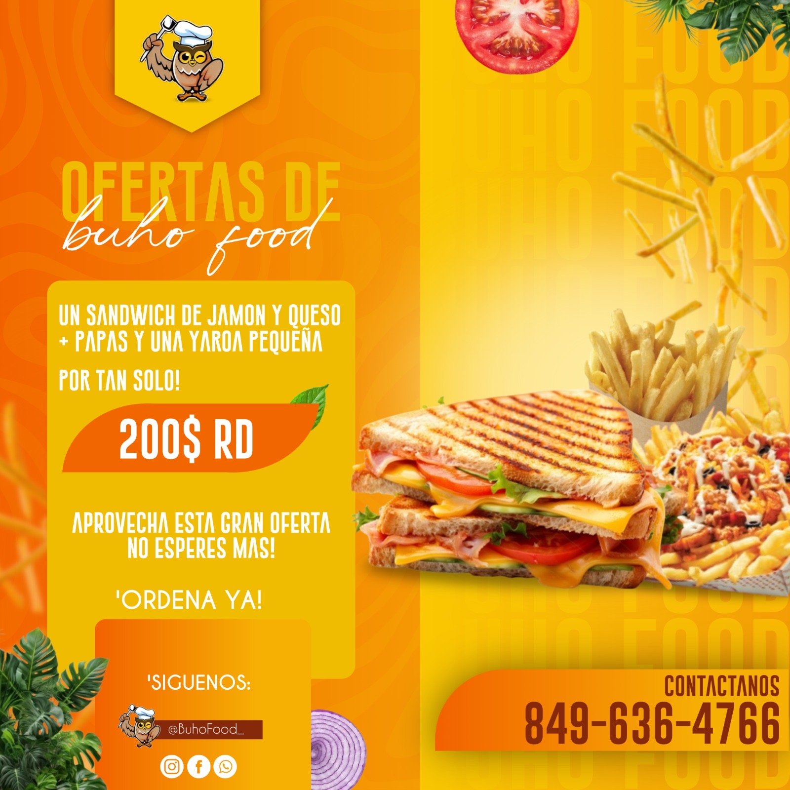 Oferta Una Yaroa peq. De pollo más Un Sándwich de jamón y queso en pan pepin 